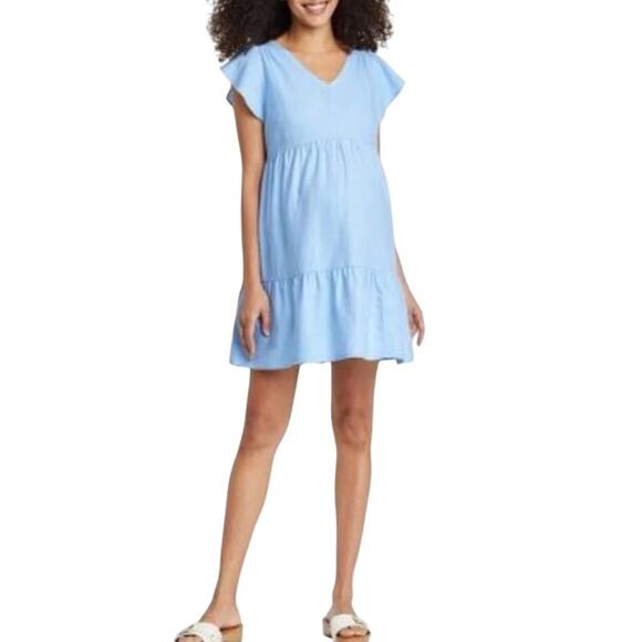 Isabel Maternity Ingrid & Isabel Linen Blend Mini Dress Tiered Light Blue M - Picture 1 of 8